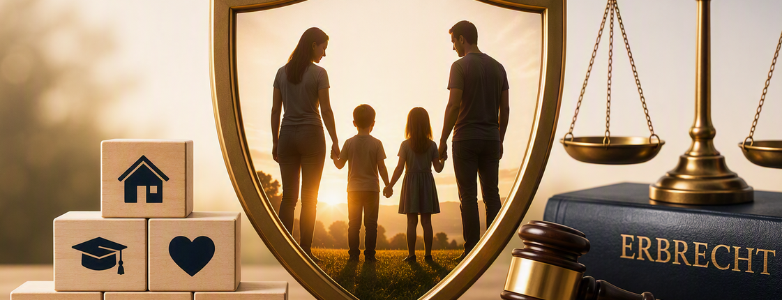Eine Familie, Mutter, Vater, zwei Kinder, inmitten Symbolen vom Rechtssystem (Waagschale und Richterhammer)